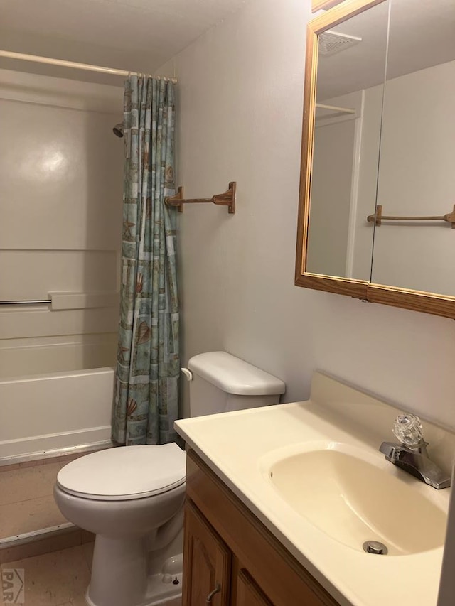 bathroom featuring toilet, shower / bathtub combination with curtain, and vanity