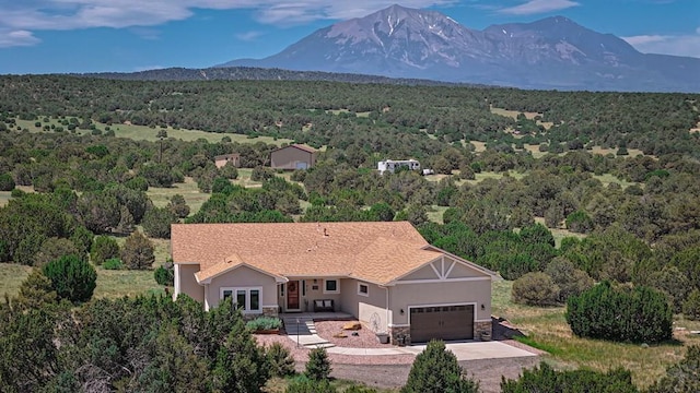 aerial view with a mountain view and a view of trees