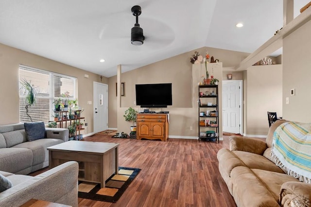 living area featuring baseboards, ceiling fan, wood finished floors, vaulted ceiling, and recessed lighting