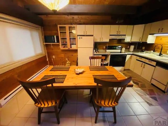 44 Valley Vista Rd Unit 35, Cuchara, CO 81055 - kitchen with a baseboard radiator, white appliances, under cabinet range hood, white cabinetry, and a sink
