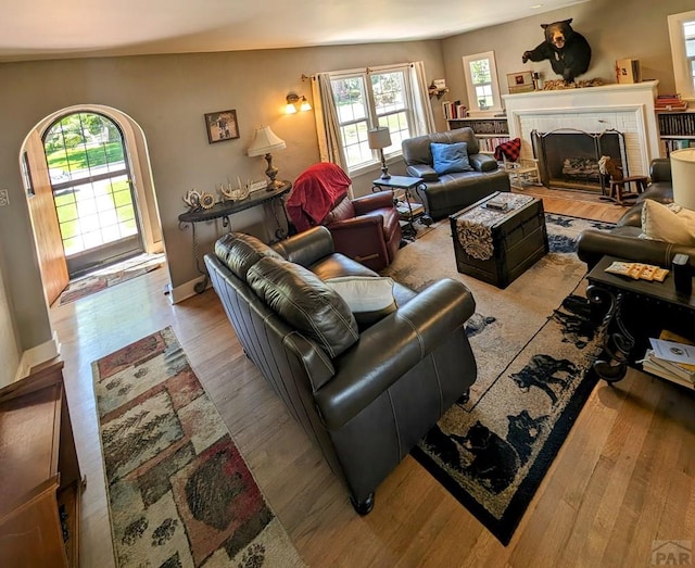 living room with light wood-type flooring and a fireplace