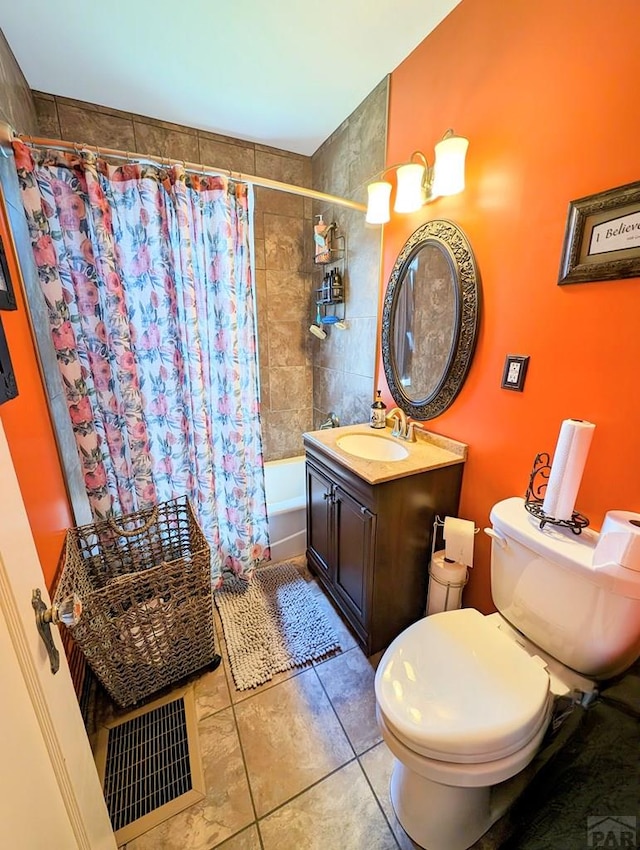 bathroom with toilet, shower / tub combo, tile patterned floors, and vanity