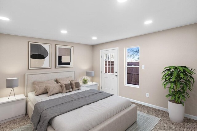 carpeted bedroom with recessed lighting and baseboards