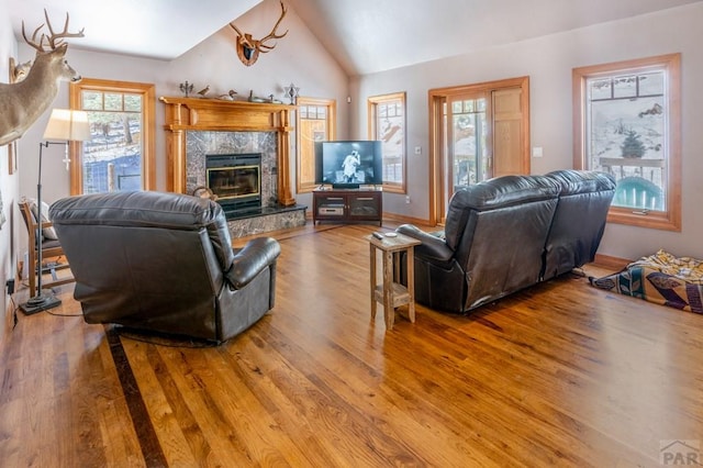 living area featuring lofted ceiling, a premium fireplace, wood finished floors, and baseboards