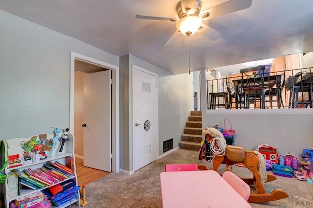 4465 London Ln, Colorado Springs, CO 80916 - recreation room featuring carpet flooring, ceiling fan, and baseboards