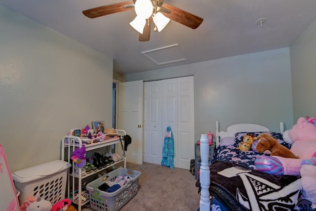 4465 London Ln, Colorado Springs, CO 80916 - bedroom with attic access, carpet flooring, a closet, and ceiling fan