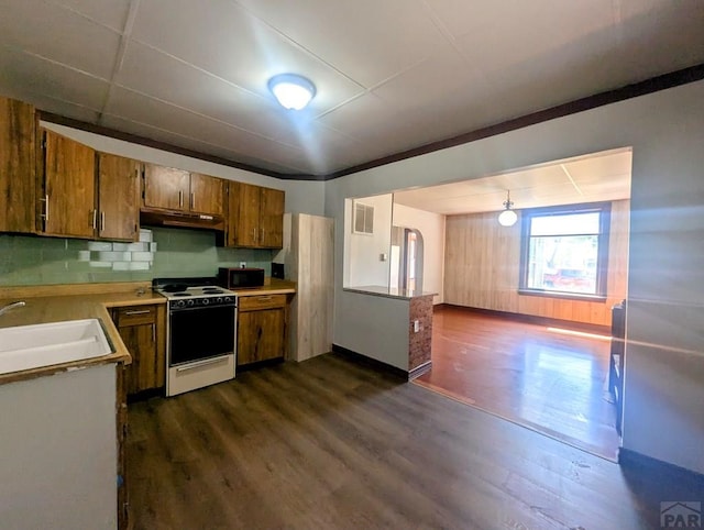 428 Elm Ave, Las Animas, CO 81054 - kitchen with white electric range oven, brown cabinetry, under cabinet range hood, dark wood-style floors, and black microwave