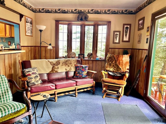 interior space with wainscoting, wood walls, and carpet flooring