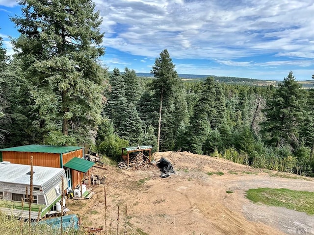 view of yard featuring dirt driveway and a view of trees