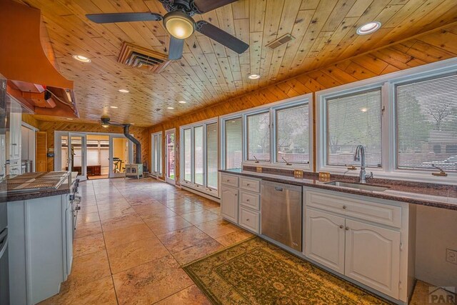 kitchen featuring wood ceiling, white cabinetry, a sink, and stainless steel dishwasher