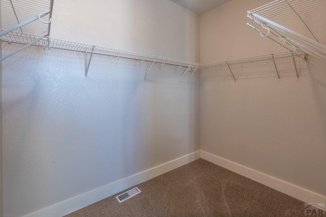 spacious closet with dark colored carpet and visible vents