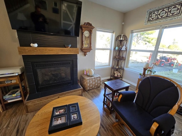 living area with a fireplace, baseboards, and dark wood-style flooring