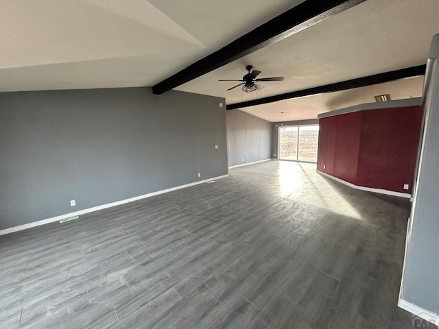 unfurnished living room featuring a ceiling fan, vaulted ceiling with beams, baseboards, and wood finished floors