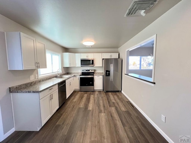 kitchen featuring visible vents, white cabinets, dark countertops, stainless steel appliances, and a sink