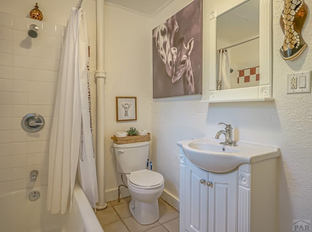 328 Colorado Ave, Walsenburg, CO 81089 - full bath with baseboards, toilet, vanity, shower / bath combination with curtain, and tile patterned flooring