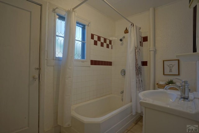 328 Colorado Ave, Walsenburg, CO 81089 - bathroom with shower / bathtub combination with curtain, tile patterned flooring, and vanity