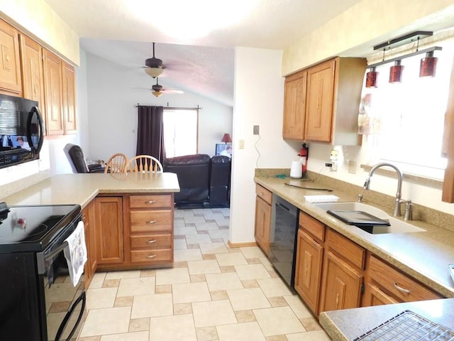 6 Ironweed Dr, Pueblo, CO 81001 - kitchen featuring black appliances, ceiling fan, light countertops, and a sink