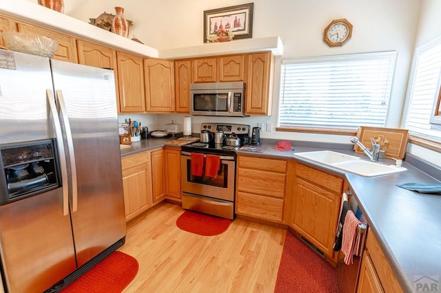 kitchen featuring appliances with stainless steel finishes, plenty of natural light, light wood-style floors, and a sink