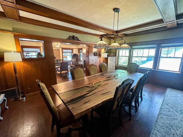 dining room with plenty of natural light, dark wood finished floors, and a textured ceiling