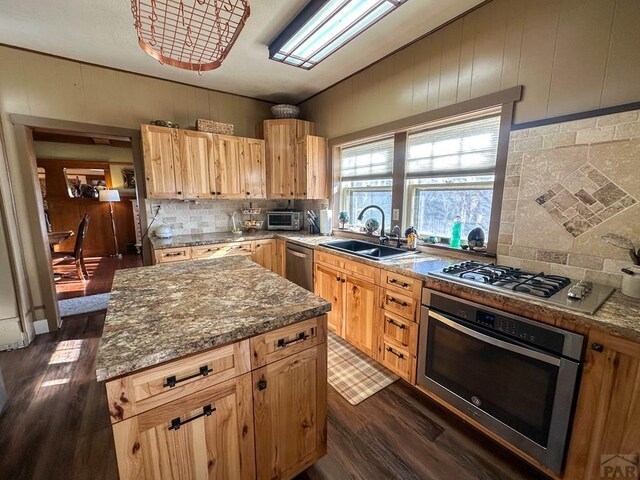 kitchen with stainless steel appliances, dark stone counters, a sink, decorative backsplash, and dark wood-style floors