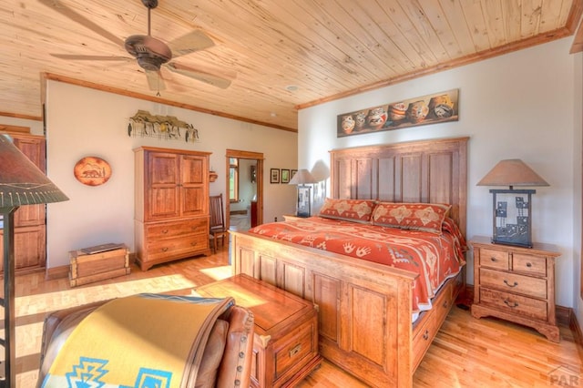 bedroom with ceiling fan, light wood-style floors, wood ceiling, and crown molding