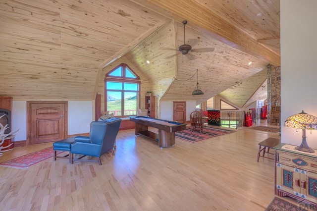 recreation room with wooden ceiling, light wood-style flooring, high vaulted ceiling, and beamed ceiling