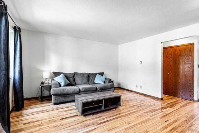 living area with light wood finished floors, baseboards, and a textured ceiling