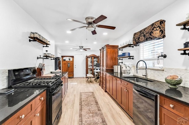 kitchen with black appliances, a sink, open shelves, and brown cabinetry