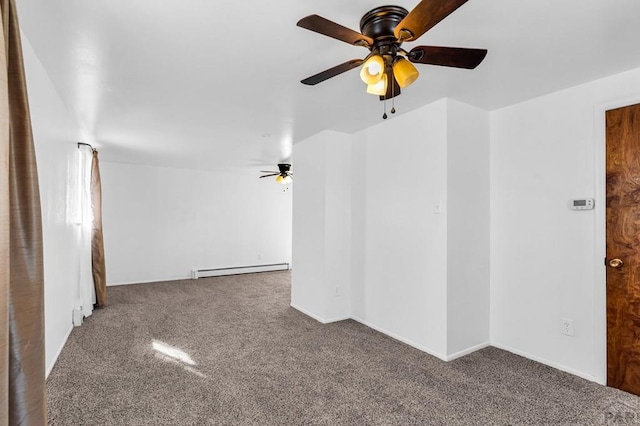 unfurnished room featuring baseboard heating, a ceiling fan, and carpet flooring