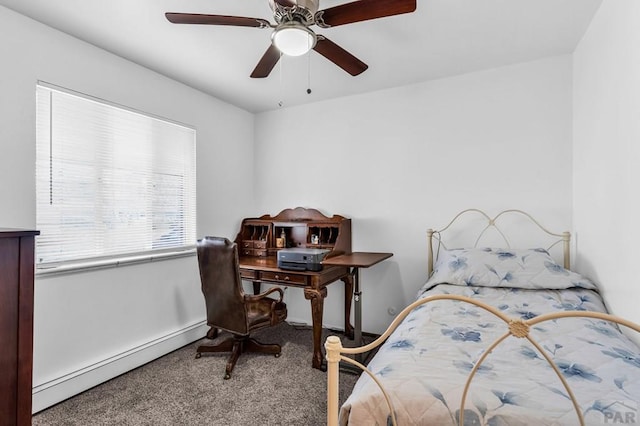 bedroom featuring ceiling fan, carpet flooring, baseboard heating, and baseboards