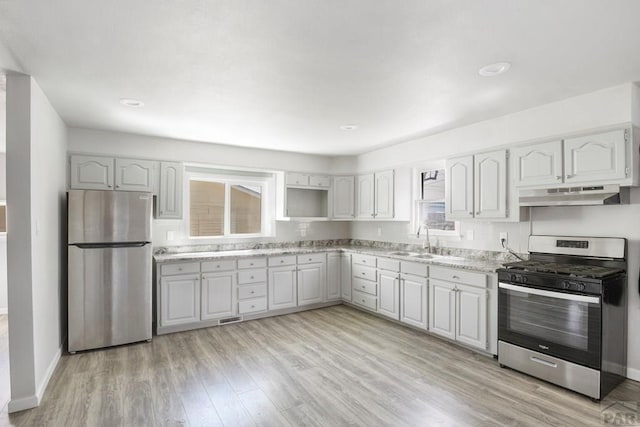 kitchen featuring baseboards, a sink, light wood-type flooring, under cabinet range hood, and stainless steel appliances