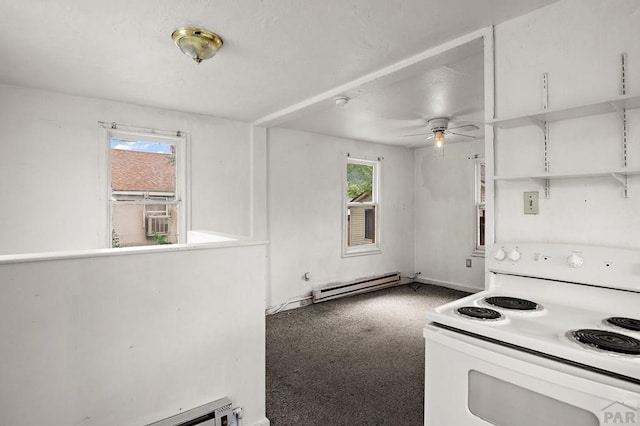 1638 Jackson St, Pueblo, CO 81004 - kitchen with white electric stove, a baseboard heating unit, carpet flooring, ceiling fan, and baseboard heating