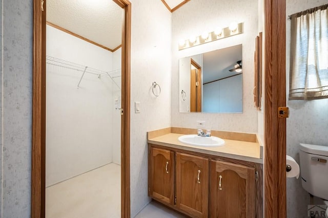 bathroom featuring toilet, a walk in closet, and vanity