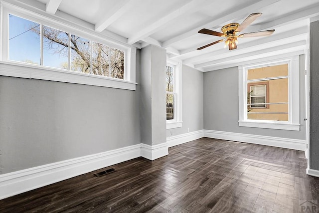 1111 Topaz Pl, Pueblo, CO 81004 - spare room with beamed ceiling, visible vents, a ceiling fan, and baseboards