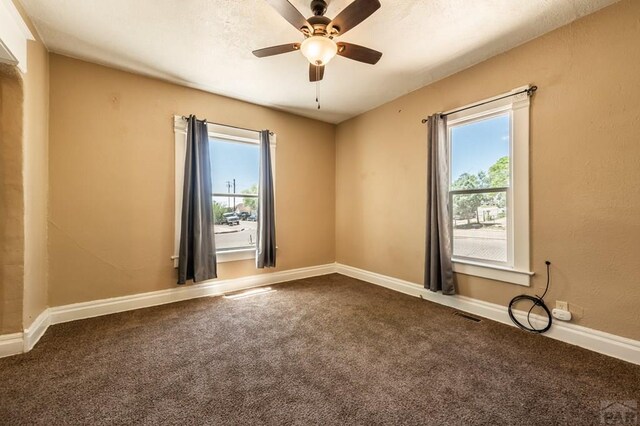 carpeted spare room with visible vents, baseboards, and a wealth of natural light