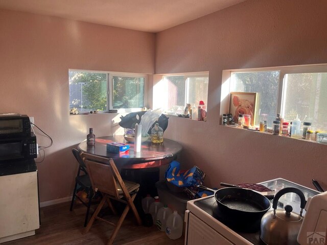 dining space featuring washer / clothes dryer, wood finished floors, and baseboards