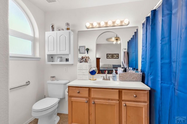 full bath with tile patterned floors, visible vents, toilet, and vanity