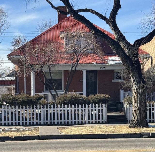 view of front of house with a fenced front yard and a chimney