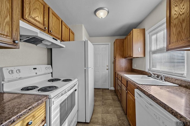 kitchen with brown cabinetry, dark countertops, white appliances, and under cabinet range hood