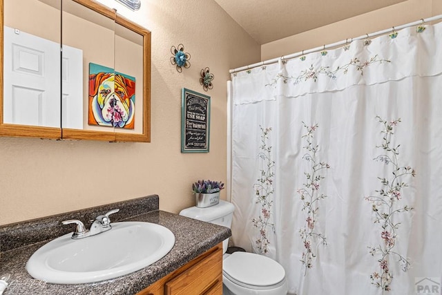 bathroom featuring curtained shower, a textured wall, vanity, and toilet