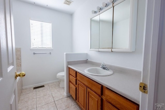 bathroom featuring toilet, vanity, visible vents, and tile patterned floors