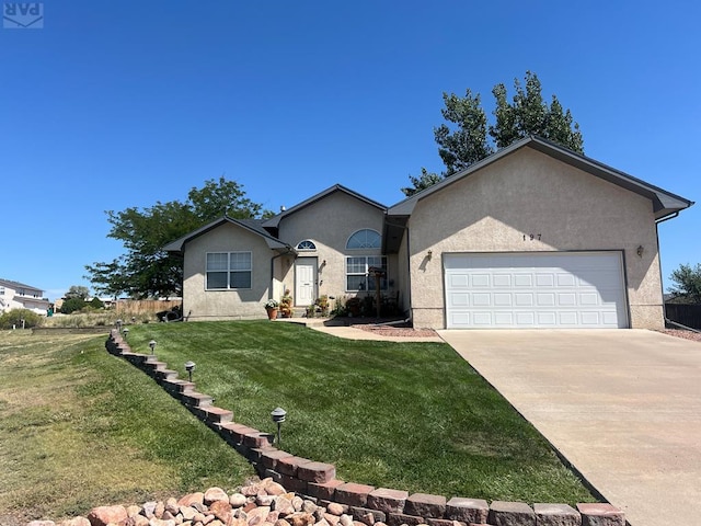 ranch-style house featuring a garage, driveway, a front lawn, and stucco siding