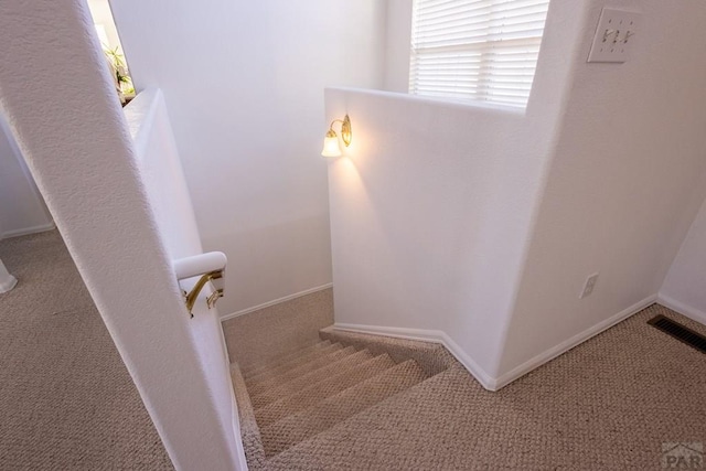 stairs featuring carpet floors, visible vents, and baseboards