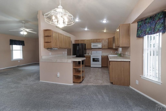 kitchen with light carpet, white appliances, and open shelves