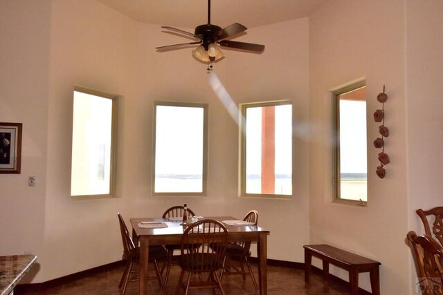 dining room with a healthy amount of sunlight, ceiling fan, and baseboards