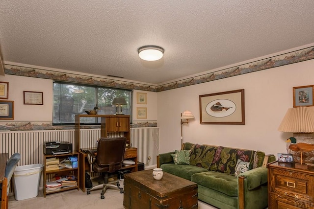 carpeted office with a textured ceiling