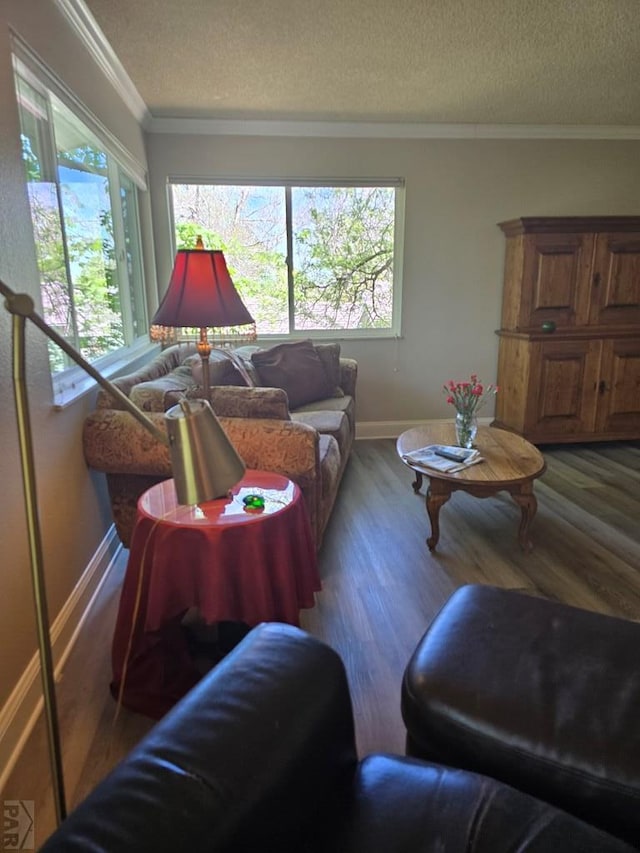 178 Macneil Pl, Pueblo, CO 81001 - living room featuring baseboards, crown molding, a textured ceiling, and wood finished floors