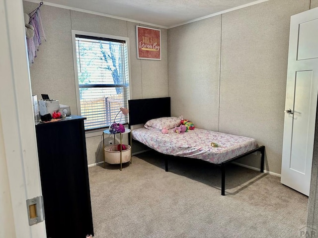 bedroom featuring light colored carpet, crown molding, and multiple windows