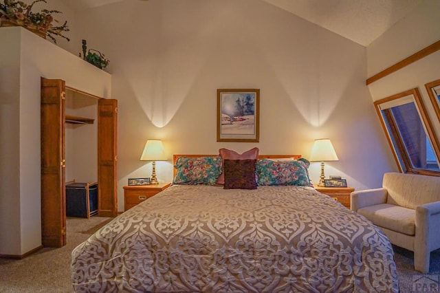 bedroom featuring high vaulted ceiling and light colored carpet