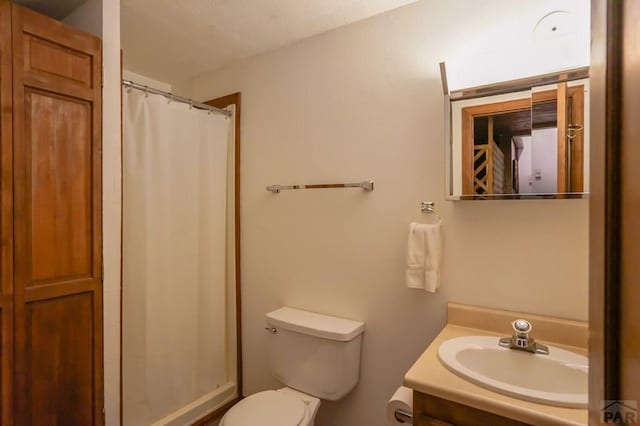 bathroom featuring toilet, vanity, and a shower with curtain